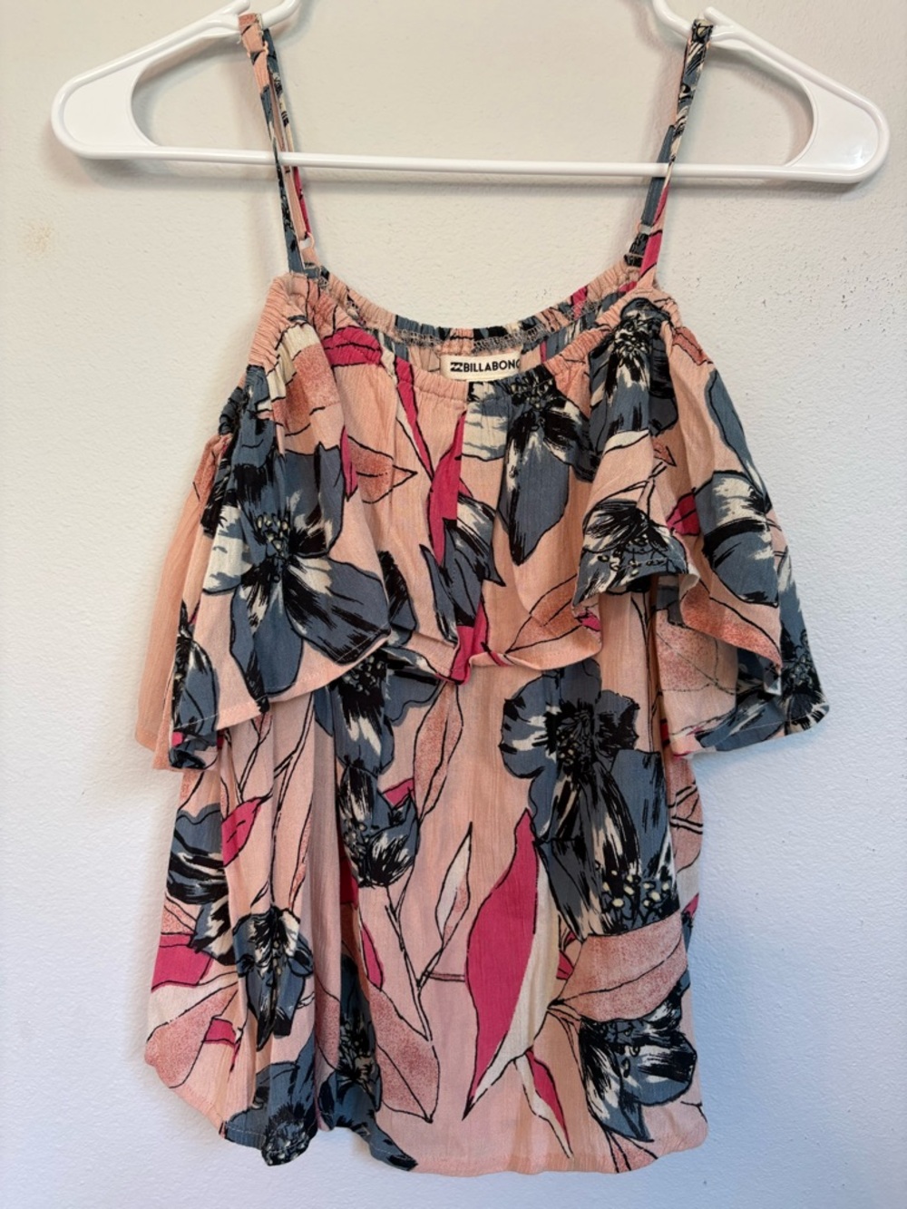 Billabong Floral Ruffle Cold Shoulder Top Small Pink Blue Boho Beach Rayon